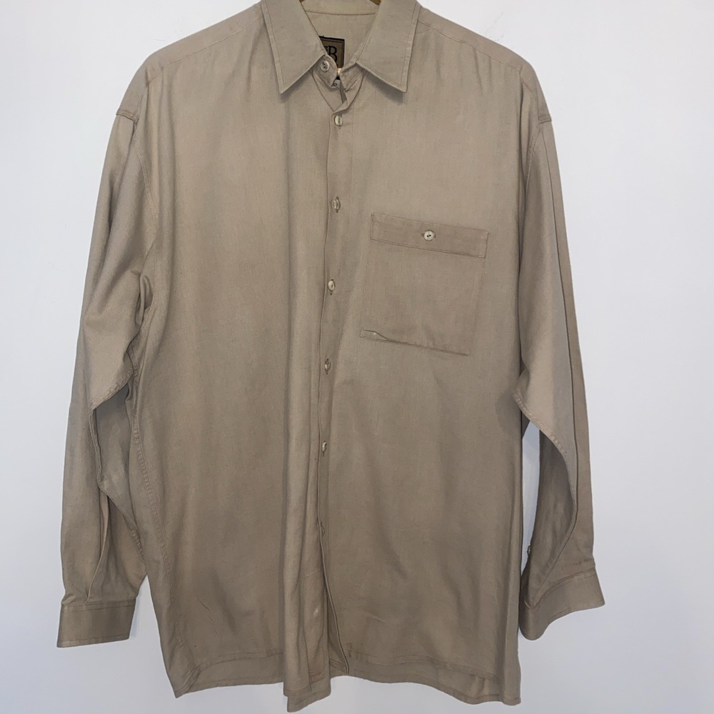 Bruno‎ B Men's Shirt Tan Beige Linen Blend Button Down Roll Tab XL